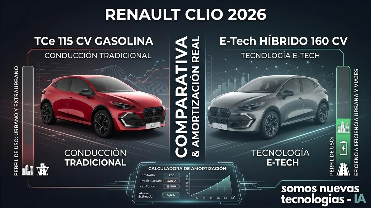 Renault Clio 2026: TCe 115 CV Gasolina vs. E-Tech Híbrido 160 CV | Comparativa, Perfiles de Uso y Calculadora de Amortización Real